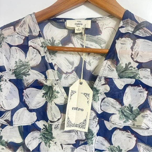 NWT Entro navy white Floral Wrap ruffle chiffon long sleeve Dress small - Picture 4 of 5